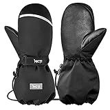 MCTi Kids Mittens Waterproof Winter Ski Warm Sherpa Lined Long Cuff with String (Black, X-Small(Fits 8-11 Years))