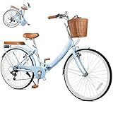 EISYROOD 26 Inch Beach Cruiser Bike for Women, Hybrid Womens Bike with 7 Speed, Adjustable Seat, Lightweight Women Beach Cruiser Bike with Anti-Skid Tires, V-Brakes (Foldable Bar, Blue)