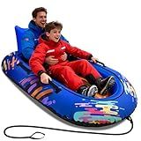 Snow Tube for Adults 2 Person, Heavy-Duty Inflatable Snow Sled with 600D Fabric Cover, Backrest, Tow Rope & Reinforced Handles, Hyperzoo Winter Toboggan–Ideal for Family & Friends