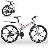 Outroad 26 Inch Folding Mountain Bike, 21 Speed Full Suspension High-Carbon Steel MTB Foldable Bicycle, Dual Disc Brake Non-Slip Adjustable Seat Folding Bikes for Adults/Men/Women, Pink