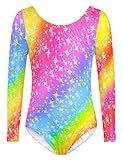 TENVDA Gymnastics Leotards for Girls Long Sleeve Tumbling Outfit Size 3t 4t Fashionable Sparkle Rainbow Practicing Performance Bodysuits