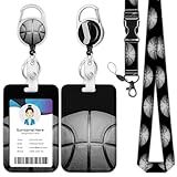 Black Basketball Lanyards for ID Badges, Retractable ID Badge Holder with Detachable Lanyard Name Tag Protective Case for Teacher Doctor Nurse Women Men Student Gifts