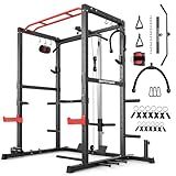 Sportsroyals Power Rack, Multi-Functional Power Cage with LAT Pulldown Pulley System, Squat Rack with More Training Attachments for Home Gym (RED),1200 lbs Weight Capacity
