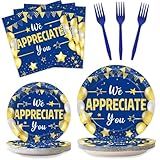 96Pcs We Appreciate You Party Plates and Napkins for Employee Staff Appreciation Blue Gold Supplies Work Anniversary Themed Plate Thank You Tableware Set for Teacher 24 Guests Party Decorations