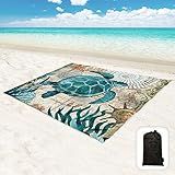 Hiwoss Beach Blanket Waterproof Sandproof Oversized 95”x 80”,Sand Free Beach Mat with Corner Pockets,Portable Mesh Bag for Beach Festival,Picnic,Travel and Outdoor Camping (Seaturtle)