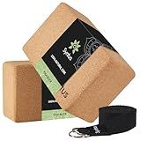 Syntus Cork Yoga Blocks and Strap Set, 2 Natural Cork Soft Non-Slip Blocks 9×6×4 inches, 8FT Metal D-Ring Strap for Yoga, General Fitness, Pilates, Stretching and Toning