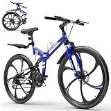 Outroad Mountain Bike, 26 Inch Outdoor Foldable Bike for Adult, 21-Speed Dual Suspension High-Carbon Steel MTB Foldable Bicycle, Dual Disc Brake Folding Bikes for Men and Women, Folding HM-Blue