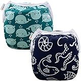 ALVABABY Swim Diapers 2pcs Reusable Baby Boy Swim Diaper 0-8 Months Adjustable Snap Washable Infant Toddler Swimming Diaper for Pool Beach & Swim Lessons – Waterproof PUL Leak-Proof UPF 30+ Small Size