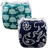 ALVABABY Swim Diapers 2pcs Reusable Baby Boy Swim Diaper 0-8 Months Adjustable Snap Washable Infant Toddler Swimming Diaper for Pool Beach & Swim Lessons – Waterproof PUL Leak-Proof UPF 30+ Small Size