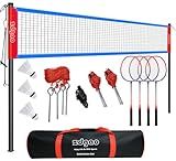 Badminton Set for Backyard, Portable Badminton Net with Tension Adjuster, Badminton Racket Set of 4, 3 Nylon Shuttlecocks, Boundary Line and Carry Bag for Backyard Beach Family Games