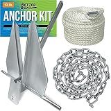 Better Boat 13lb Boat Anchor Kit with 100ft Rope and 8ft Chain, Heavy Duty Fluke Anchor for 20 to 32ft Boats, Hot Dip Galvanized, Pontoon Sailboat Fishing