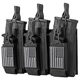 Open-Top Single/Double/Triple Molle Mag Pouch for 5.56mm M4 M16 AK AR Glock M1911 9mm Elastic Rifle Magazines Pistol Mag Pouches Holder Carrier with USA Flag Patch (Triple-Black)