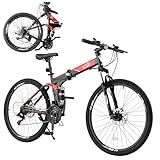 CamPingSurvivals 24/26 Inch Folding Bikes for Adults 21 Speed Mountain Bike, Adult Bicycle with High Carbon Steel Frame, Full Suspension, Dual Disc Brake and Adjustable Ergonomic Seat(24" Black)