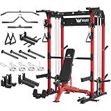 MAJOR FITNESS F22 Power Rack with Weight Bench – 1600lbs All-in-One Squat Rack with Cable Crossover, Dual Pulley, Heavy-Duty Steel Frame, Attachments & Storage for Home Gym Strength Training, Red