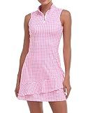 Tennis Dress for Women Classic Golf Outfits Sleeveless Athletic Dresses with Pockets and Shorts Zip Up Stand Collar Lightweight for Pink Houndstooth-S