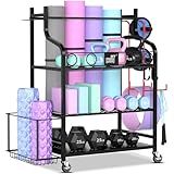 Mythinglogic Yoga Mat Storage Racks for Home, Gym Rack for Dumbbells Kettlebells Foam Roller, Yoga Strap and Resistance Bands, Workout Equipment Organizer With Hooks and Wheels