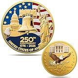 Upgrade 1.77-inch 250th Anniversary Commemorative Coins - Golden American Flag & Liberty Bell Design Collectible Coins, Durable Metal Anniversary Coins for Display, Collectors & Gift Idea (L-1PCS)
