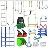 Ninja Warrior Obstacle Course for Kids Backyard - 2×65ft Slackline Kit with 10 Most Complete Accessories for Boys & Girls, Swing, Rope Ladder, Gymnastic Ring, Climbing Net, Arm Trainer and Monkey Fist
