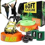 Complete Slackline Kit with Training Line - 2X 60ft Slack Lines for Backyard for Kids and Adults, Wider Tree Protectors - Ninja Slackline Kit for Kids Outdoor Play Equipment (Complete Kit - Orange)
