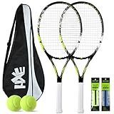 HXE Tennis Rackets for Adults, 2 Player Pre-Strung 27 inch Recreational Tennis Racquet Set for Beginner and Professional with 2 Balls, 2 Overgrips and 1 Carrying Bag