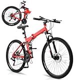 CamPingSurvivals 24/26/27.5 Inch Folding Bikes for Adults 21 Speed Mountain Bike, Adult Bicycle with High Carbon Steel Frame, Full Suspension, Dual Disc Brake and Adjustable Ergonomic Seat(26" Red)
