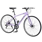 Cxcloestite 700C Hybrid Road Bike for Men & Women, 7/16/21/24 Speed, Lightweight Aluminum/Carbon Steel Frame Road Bike, Commuting/Racing Bike, Multiple Colors (7 Speed/Aluminum Alloy Frame, Purple)