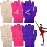 Jiuguva 3 Pairs Ice Skating Gloves Figure Skating Accessories Gloves with Snowflake Rhinestone for Kid Girl(Skin Color, Purple, Pink)