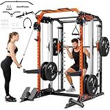 YOLEO Smith Machine with Independent Dual-Pulley System, 1700LBS Adjustable Cable Crossover Squat Rack, Multi-Functional Power Cage for Home Gym with More Workout Equipment LAT Pulldown Bar & Dip Bar