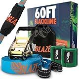 Complete Ninja Slackline Kit - 60ft Slack Line for Backyard for Kids & Adults - Wider Tree Protectors Slackline Kit for Ninja Warrior Obstacle Course for Kids Outdoor Playset (Essential Kit - Blue)