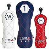 Sopkop USA Golf Club Covers Set, Driver Head Covers Fairway Wood Headcover Hybrid Head Cover of Hand-Embroidery Techniques,Colors of American Flag, for Men Women Golf Enthusiast (3 Pack)