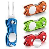 Skylety 4 Pcs Golf Divot Repair Tool Metal Foldable Golf Divot Tool with Magnetic Pop-up Button Ball Marker Stainless Steel Switchblade for Golfers Prizes(Red, Blue, Lime Green, Orange)