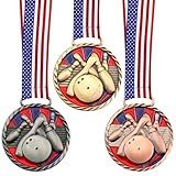 Huquary 3 Pcs Bowling Color Medal 2.5 Inch Bowling Trophy Gold Silver Bronze Bowling Award Medals with Stars and Stripes American Flag V Neck Ribbon for Adults Tournament