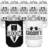 12 Pack Bachelor Party Can Cooler Sleeves, Black & White Groom's Drinking Team Insulated Neoprene Drink Sleeves, Perfect Groomsman Gifts Favors for Bachelor Party Proposal Wedding, 12 oz Standard