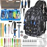 PLUSINNO Fishing Backpack with Tackle Boxes, Waterproof Fishing Sling Tackle Bag For Fishing Gear With Rod Holder, Fishing Gifts for Men With Fishing lures, Fishing pliers.