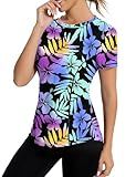 Avoogue Workout Tops for Women Short Sleeve Running Athletic Loose Yoga Tops Active Shirts Sports Gym Exercise(Colorful Leaves,S)