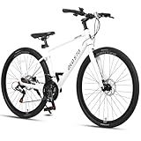 AVASTA 700C Road Adult Step-Over Hybrid Bike Bicycle for Men Woman Male Female, Lightweight Aluminum Alloy Frame with 21-Speed Gearing for City Commuting, Dual Disc Brakes, 17 inch Frame, White