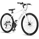 AVASTA 700C Road Adult Step-Over Hybrid Bike Bicycle for Men Woman Male Female, Lightweight Aluminum Alloy Frame with 21-Speed Gearing for City Commuting, Dual Disc Brakes, 17 inch Frame, White