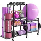 6-Tier Home Gym Storage Rack with Wheels, Dumbbell Weight Rack and Yoga Mat Organizer, Multi-Purpose Gym Equipment Storage Stand for Home Gym Accessories
