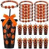 Willinglong 36 Pcs Basketball Party Favors Bulk 24 oz Plastic Basketball Reusable Tumbler Cups with Lid and Straw Ball Bracelets and Orange Bow Team Gifts for Birthday Party Decorations