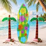 Blueweenly 3 Pcs Inflatable Surfboard and Palm Tree Set, Hibiscus | Hawaiian Luau Party Decor, 59 Inch Blow up Surfboard, 35.5 Inch Blow up Palm Tree, Pool Float for Summer Tropical Beach Party
