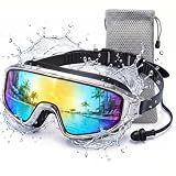 Rantizon Swim Goggles, Wide View Swimming Goggle for Adult, Anti Fog & UV Sunglasses Goggles with Earplug & Quick-Release Buckle & Waterproof Bag, Leak Proof Goggle for Pool Beach Water Men Women Kids
