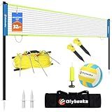 Portable Outdoor Volleyball Net Set for Backyard Beach with Adjustable Poles, Soft PU Volleyball & Pump, Carry Bag and Durable Anti-Sagging Net (Blue and Green, 32ft)