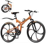 Outroad 26 Inch Folding Mountain Bike, 21 Speed Full Suspension High-Carbon Steel MTB Foldable Bicycle, Dual Disc Brake Non-Slip Folding Bikes for Adults/Men/Women, Orange