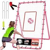 Adjustable Volleyball Rebounder Net 7x4 ft with PU Volleyball and Stakes - Bounce Back Training Equipment for Practicing Volleying, Bumping, Spiking, Easy Set Up & Steady for Multi Sports (Pink)