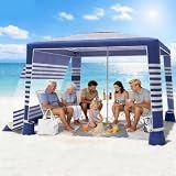 PUIPUM Beach Cabana Tent with Sun Shade - 8'×8' Large Beach Canopy Tent with Side Wall, 2 Cup Holder & Adjustable Height, Portable & Foldable Canopy for Camping/Patio/Parties/Garden/Backyard