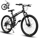Ecarpat 26 Inch Folding Mountain Bike, 21 Speed Full Suspension Bicycle Dual Disc Brake, Durable Steel Fold Bike for Women and Man