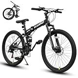 Ecarpat 26 Inch Folding Mountain Bike, 21 Speed Full Suspension High-Carbon Steel MTB, Dual Disc Brake Foldable Bicycle, Folding Bikes for Adults Men Women