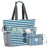 G4Free Beach Bag, Waterproof Sandproof Beach Tote Bag, Large Capacity Foldable for Women, Navy Stripe