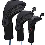 LONGCHAO Golf Club Head Cover for Driver Fairway 3 Pcs Woods Headcovers, Golf Accessories Hybrid Head Covers Set with Interchangeable Tags 3 4 5 7 X (Black)