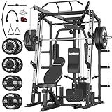 SunHome Smith Machine, Power Cage Squat Rack with Smith Bar, LAT Pull-Down Systems, Cable Crossover Machine and Cable Attachment for Home Gym (Pro Smith Machine with Bench and 230LBS Weight Plates)